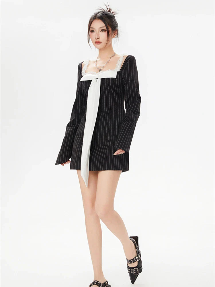 Striped Lace Strap Bow Mini Dress MAUVSTUDIO Striped Lace Strap Bow Mini Dress MAUVSTUDIO