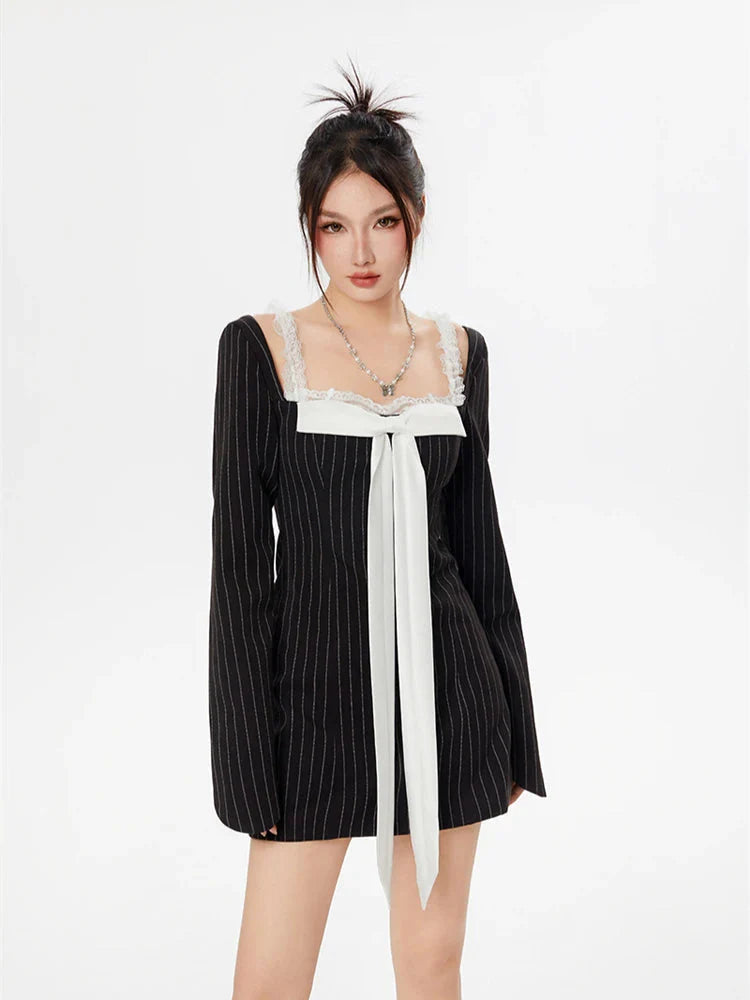 Striped Lace Strap Bow Mini Dress MAUVSTUDIO Striped Lace Strap Bow Mini Dress MAUVSTUDIO