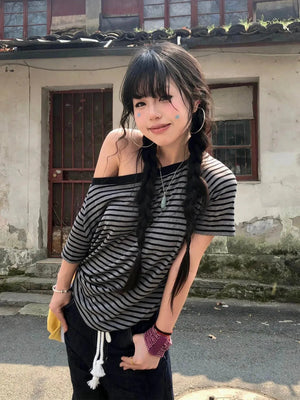 Striped One Shoulder Tee – MAUVSTUDIO®