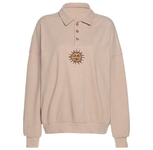 Sun Embroidery Button Up Sweatshirt-Sweaters-MAUV STUDIO-STREETWEAR-Y2K-CLOTHING