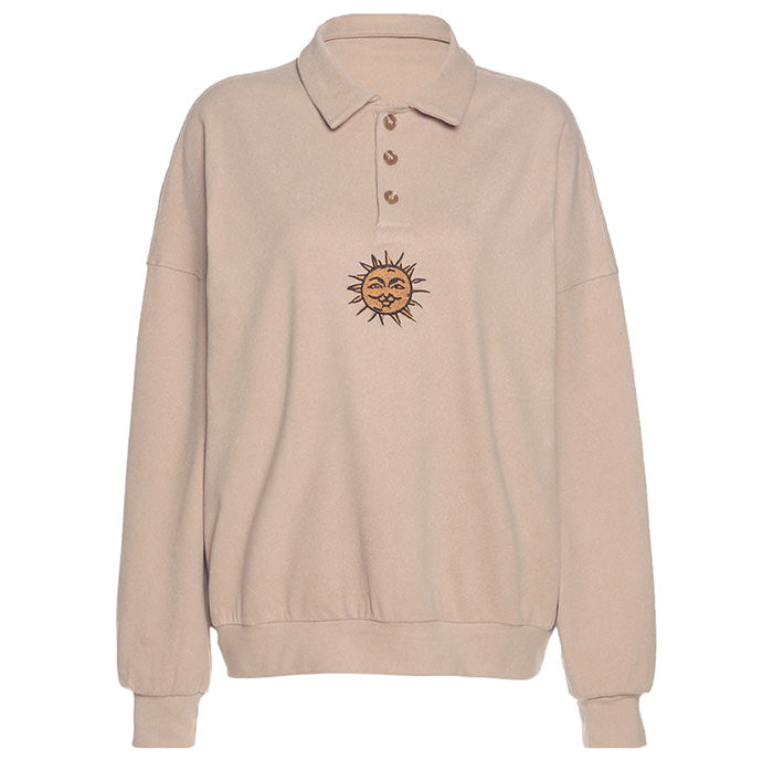 Sun Embroidery Button Up Sweatshirt-Sweaters-MAUV STUDIO-STREETWEAR-Y2K-CLOTHING