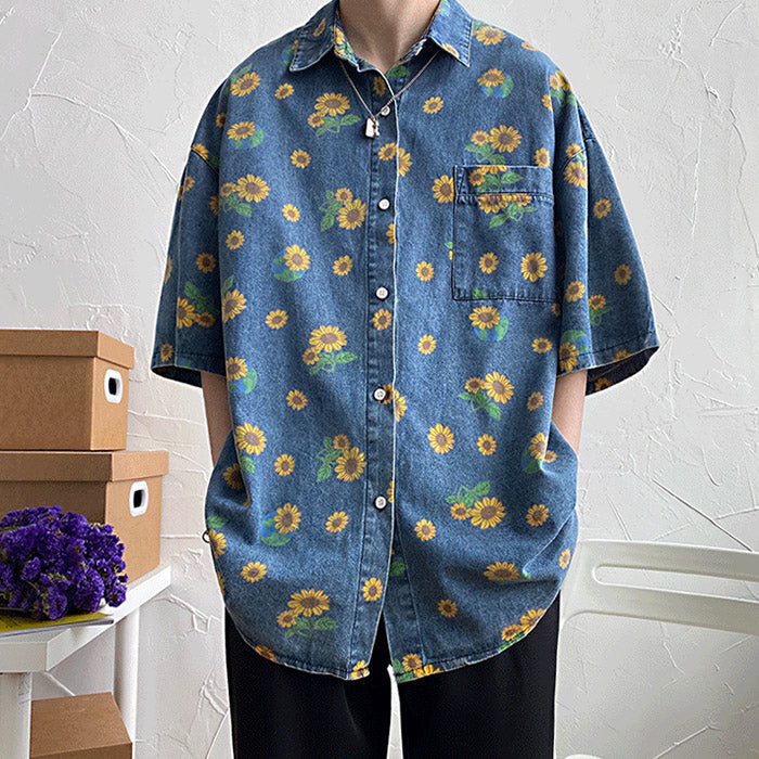 Sunflowers Denim Shirt-Shirts-MAUV STUDIO-STREETWEAR-Y2K-CLOTHING
