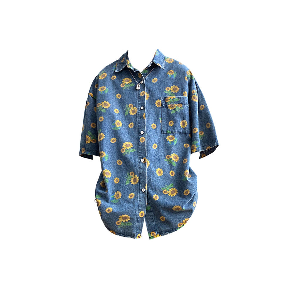 Sunflowers Denim Shirt-Shirts-MAUV STUDIO-STREETWEAR-Y2K-CLOTHING