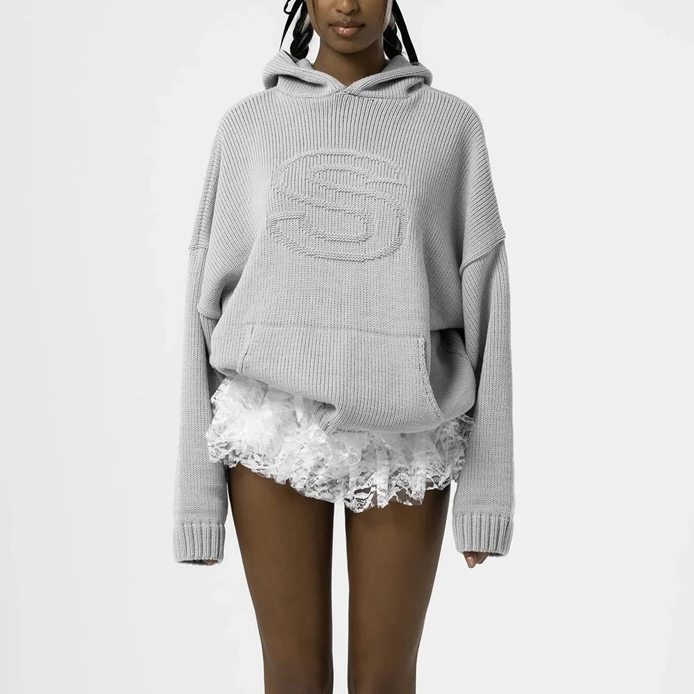 Tall Embroidered Knitted Hoodie-Gray-S-Mauv Studio