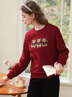 Teddy Bears Embroidered Sweatshirt-Burgundy-M-Mauv Studio