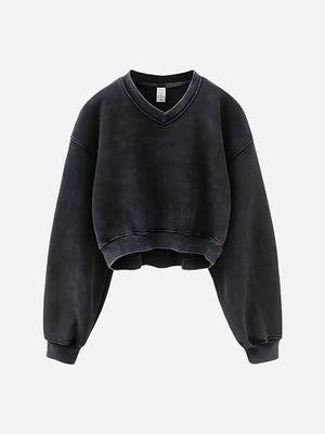 V-Neck Drop Shoulder Cropped Sweatshirt-Black-S-Mauv Studio