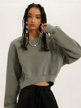 V-Neck Drop Shoulder Cropped Sweatshirt-Gray Green-S-Mauv Studio