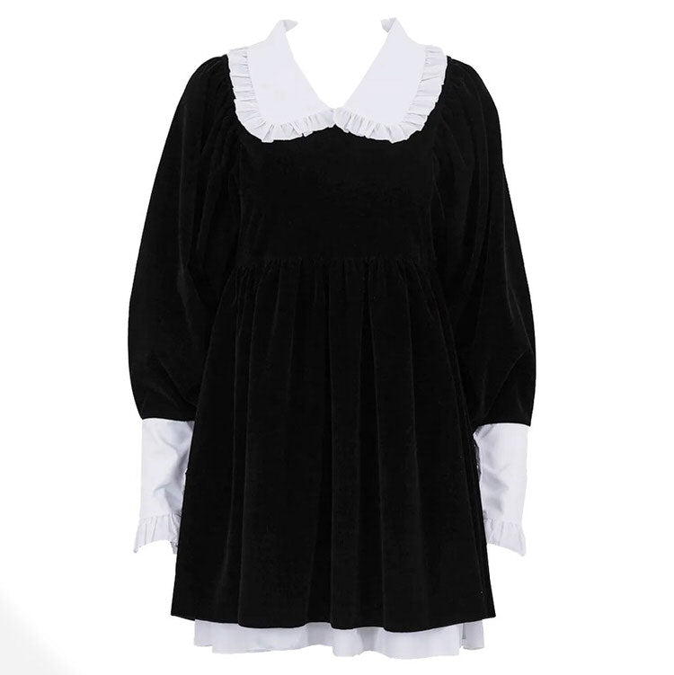 Velvet Collar Mini Black Dress-Dresses - Mini-MAUV STUDIO-STREETWEAR-Y2K-CLOTHING