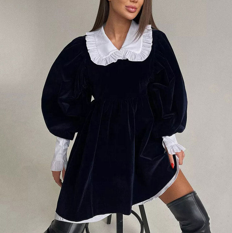 Velvet Collar Mini Black Dress-Dresses - Mini-MAUV STUDIO-STREETWEAR-Y2K-CLOTHING