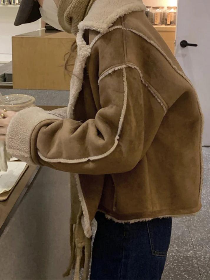 Vintage Brown Lambswool Splice Short Jacket-Jackets-MAUV STUDIO-STREETWEAR-Y2K-CLOTHING