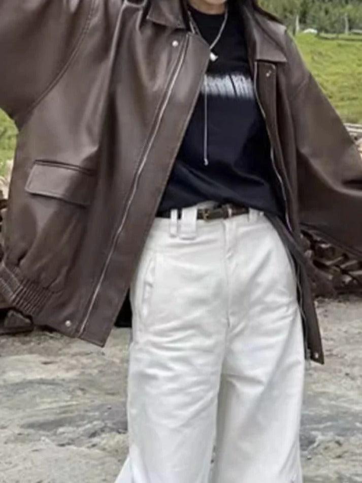Vintage Brown Lapel Neck Zip Up Leather Jacket-Jackets-MAUV STUDIO-STREETWEAR-Y2K-CLOTHING