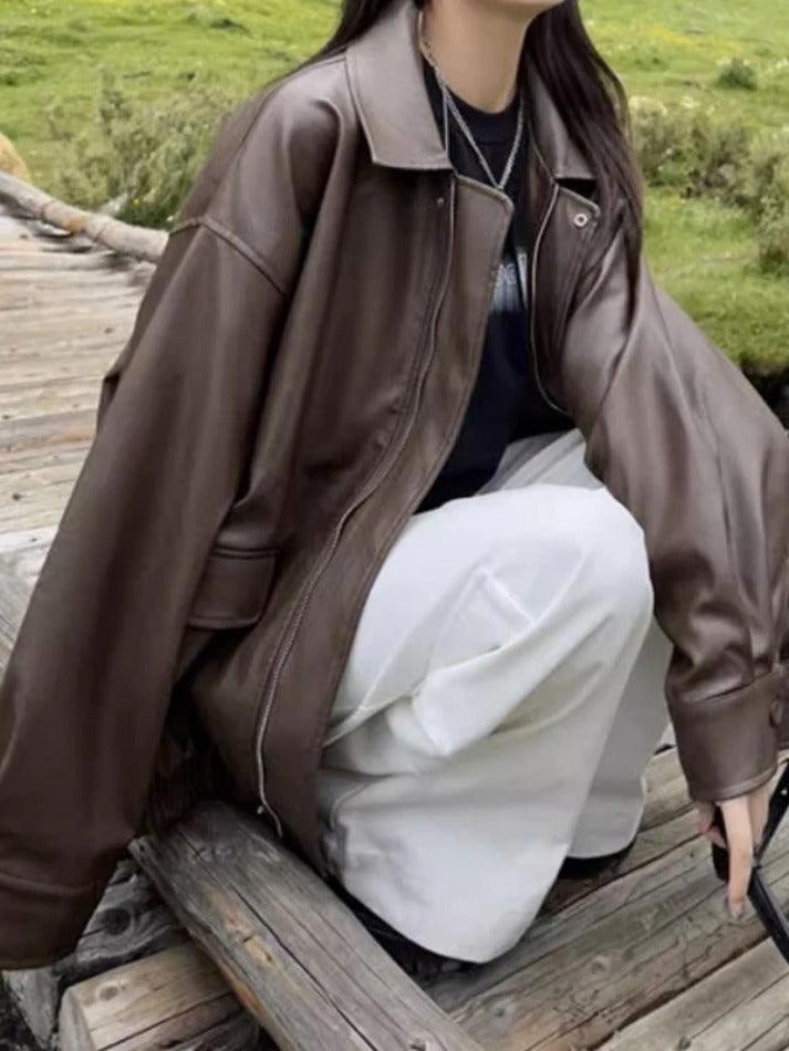 Vintage Brown Lapel Neck Zip Up Leather Jacket-Jackets-MAUV STUDIO-STREETWEAR-Y2K-CLOTHING