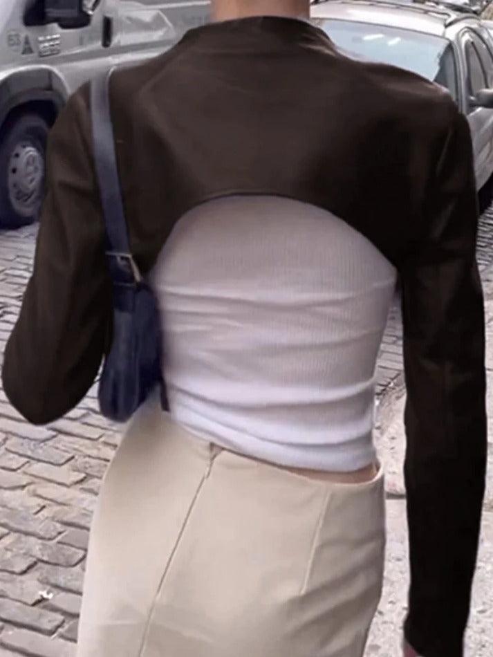 Vintage Brown Leather Ultra Short Slim Jacket-Jackets-MAUV STUDIO-STREETWEAR-Y2K-CLOTHING