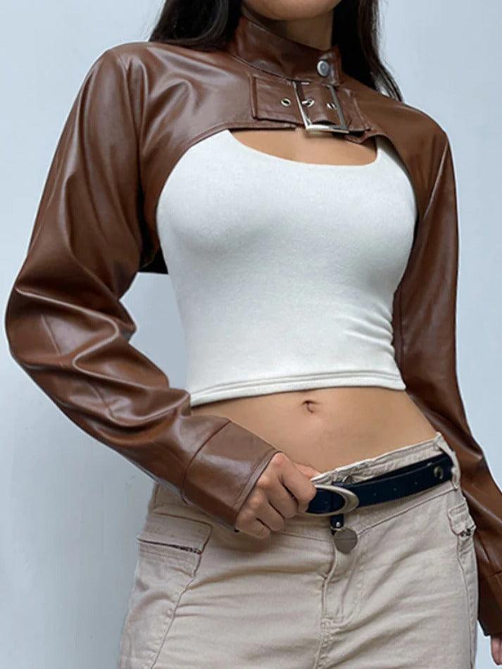 Vintage Brown Ultra Short Metal Buckle Leather Jacket-Jackets-MAUV STUDIO-STREETWEAR-Y2K-CLOTHING
