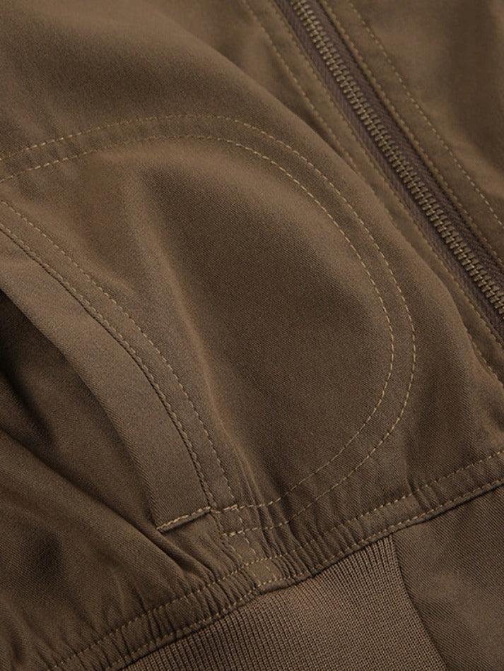 Vintage Brown Zip Up Slim Short Jacket-Jackets-MAUV STUDIO-STREETWEAR-Y2K-CLOTHING