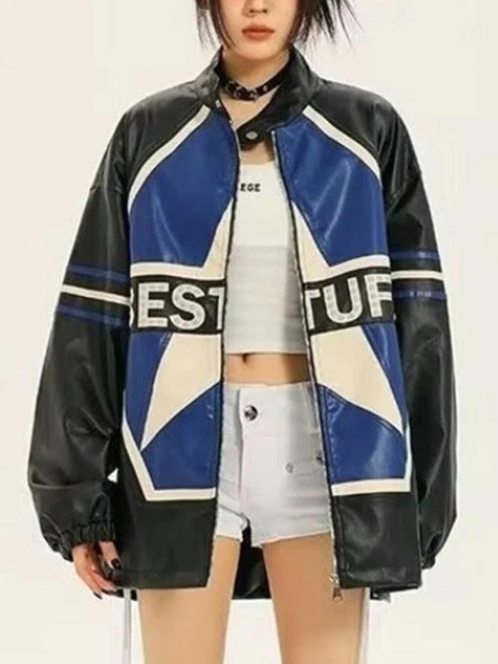 Vintage Contrast Color Star Leather Loose Jacket-Jackets-MAUV STUDIO-STREETWEAR-Y2K-CLOTHING