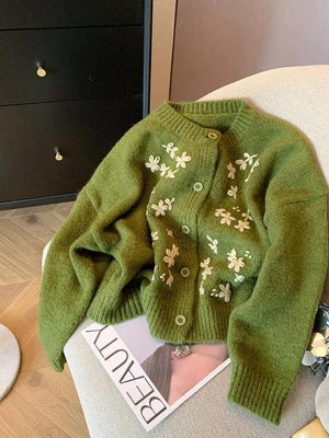 Vintage Daisy Embroidered Knitted Cardigan-Green-S-Mauv Studio