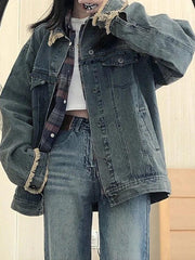 Vintage Denim Raw Edge Embellished Jacket-Jackets-MAUV STUDIO-STREETWEAR-Y2K-CLOTHING