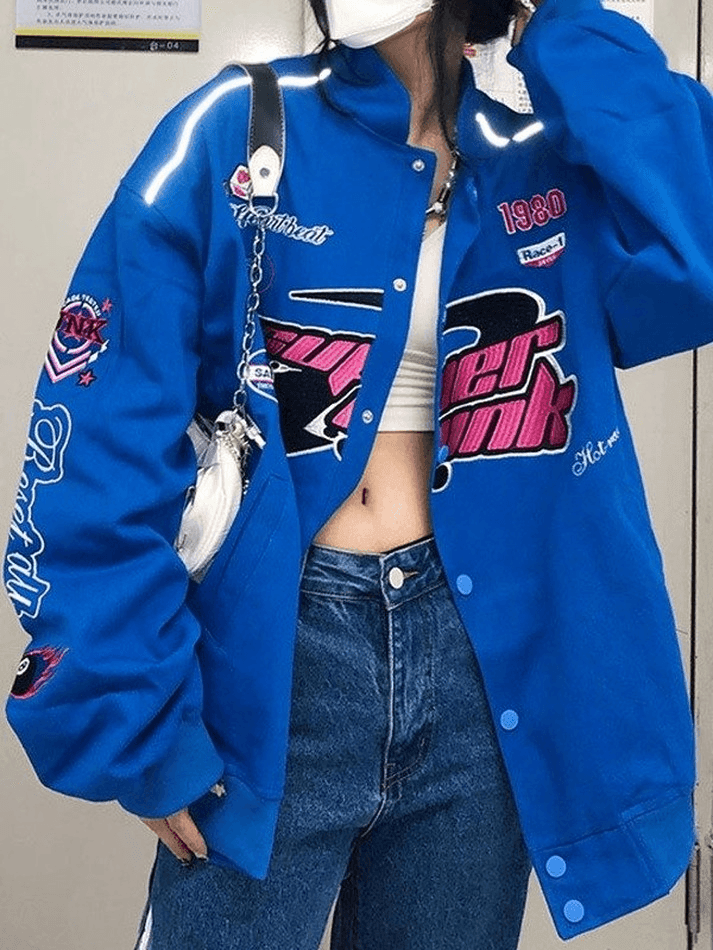 Vintage Embroidered Button-Down Motorcycle Varsity Jacket-Jackets-MAUV STUDIO-STREETWEAR-Y2K-CLOTHING