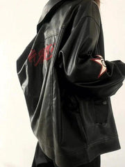 Vintage Embroidery Lapel Neck Leather Jacket-Jackets-MAUV STUDIO-STREETWEAR-Y2K-CLOTHING