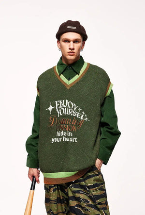 Vintage Enjoy Yourself Knitted Sweater Vest-Army Green-S-Mauv Studio