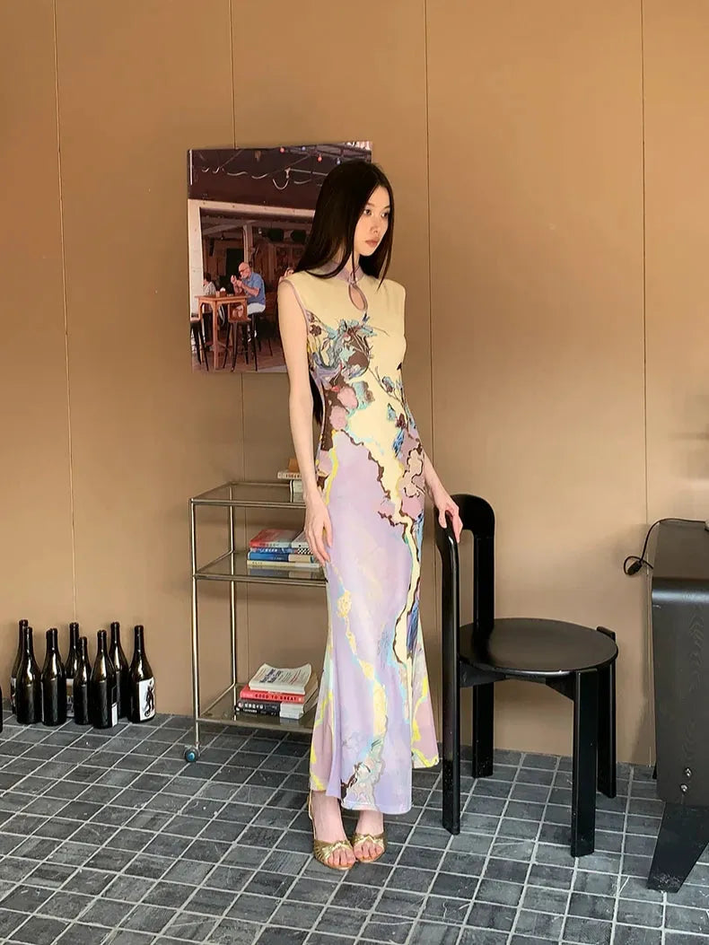 Vintage Floral Cut Out Maxi Dress view 3 | MAUVSTUDIO®