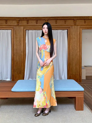 Vintage Floral Cut Out Maxi Dress view 7 | MAUVSTUDIO®