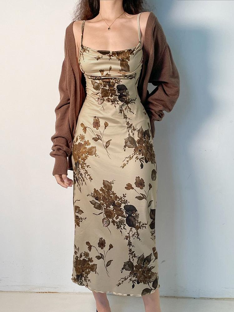 Vintage Floral Maxi Dress Beige / M