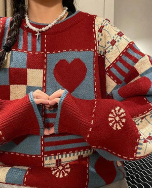 Vintage Heart Pattern Sweater-Red-S-Mauv Studio