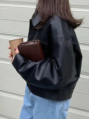 Vintage Lapel Neck Pocket Loose Short Leather Jacket-Jackets-MAUV STUDIO-STREETWEAR-Y2K-CLOTHING