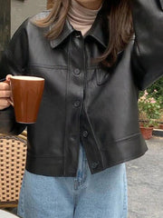 Vintage Lapel Neck Pocket Loose Short Leather Jacket-Jackets-MAUV STUDIO-STREETWEAR-Y2K-CLOTHING