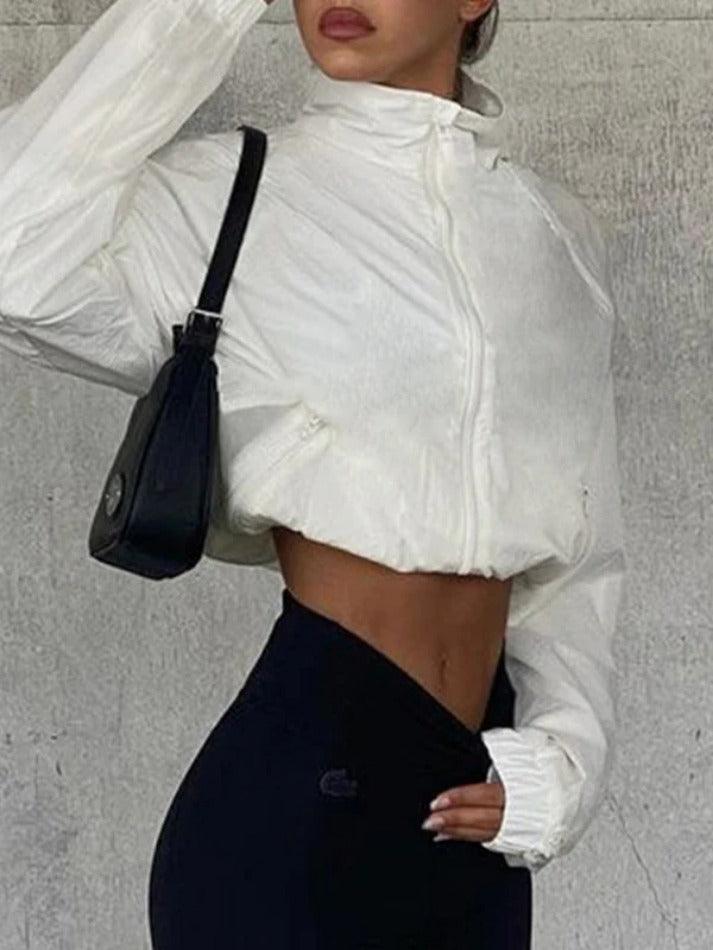 White Stretchy Hem Cargo Style Thin Crop Jacket-Jackets-MAUV STUDIO-STREETWEAR-Y2K-CLOTHING