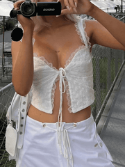 White Tie Front Lace Cropped Tank Top-Tank Tops-MAUV STUDIO-STREETWEAR-Y2K-CLOTHING