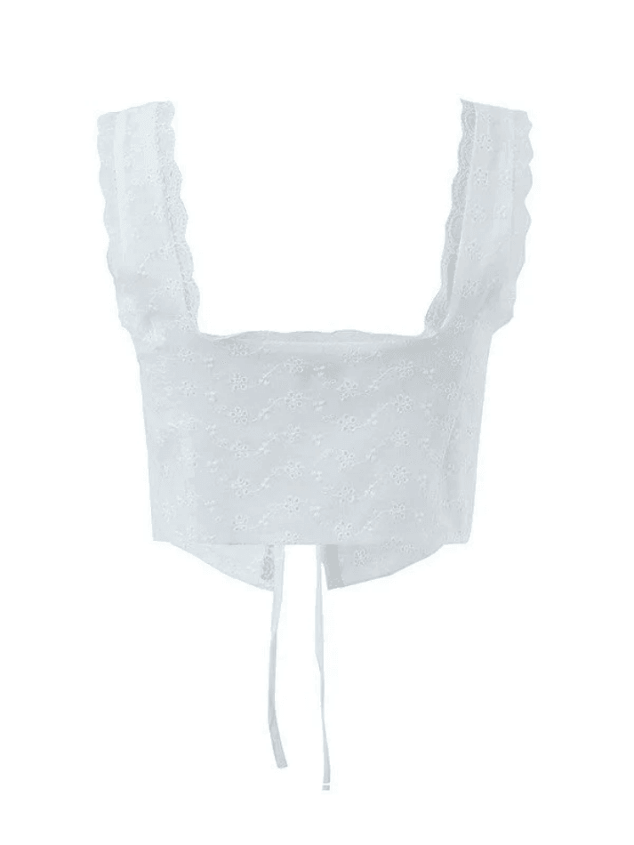 White Tie Front Lace Cropped Tank Top-Tank Tops-MAUV STUDIO-STREETWEAR-Y2K-CLOTHING