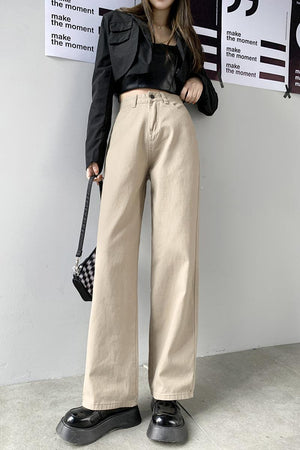 Wide Leg High Waist Casual Jeans-Khaki-XS-MAUV STUDIO