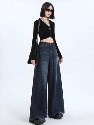 Wide Leg Regular Waist Jeans-Navy-XS-MAUV STUDIO