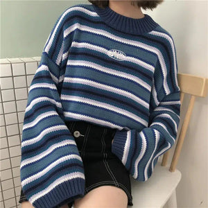 Wide Sleeved Striped Knitted Sweater-Blue-One Size-Mauv Studio
