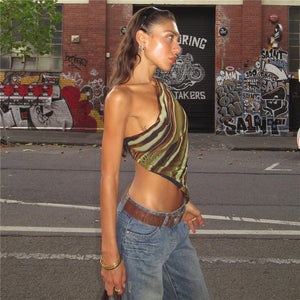 Y2K Abstract One Shoulder Top with cropped cut, Y2K top styled with low rise bottoms