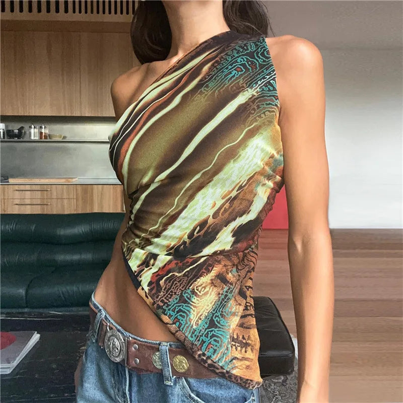 Y2K Abstract One Shoulder Top with cropped cut, Y2K top styled with low rise bottoms