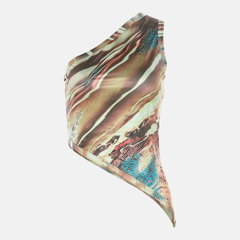 Y2K Abstract One Shoulder Top with cropped cut, Y2K top styled with low rise bottoms