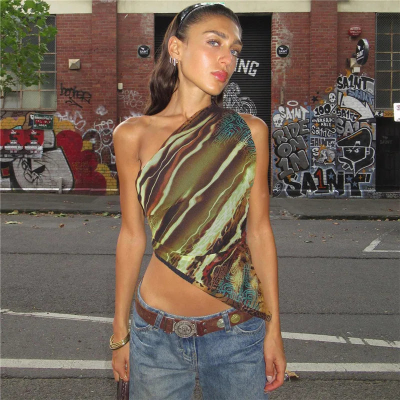 Y2K Abstract One Shoulder Top with cropped cut, Y2K top styled with low rise bottoms
