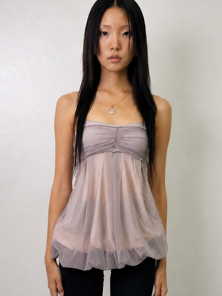 Y2K Babydoll Top with gathered bust, Y2K tube top styled with low rise bottoms