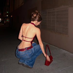 Y2K Backless Halter Top with open back, Y2K halter top styled with low rise bottoms