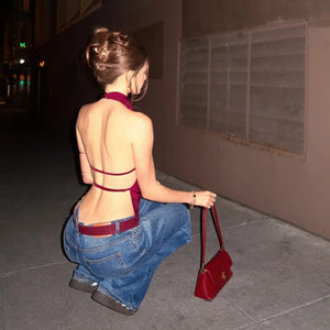 Y2K Backless Halter Top with open back, Y2K halter top styled with low rise bottoms