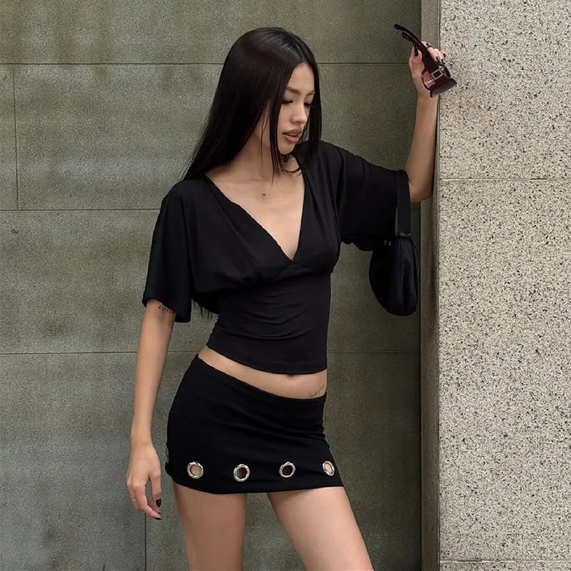 Y2K Backless Ruched Top with open back, Y2K top styled with low rise bottoms