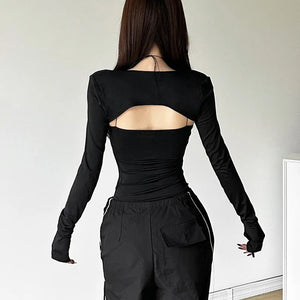Y2K Baddie Sheer Shrug Top with sheer mesh, Y2K long sleeve top styled with low rise bottoms