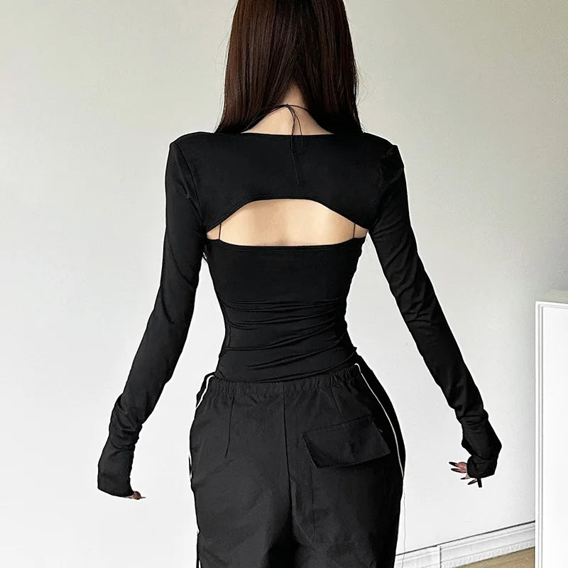 Y2K Baddie Sheer Shrug Top with sheer mesh, Y2K long sleeve top styled with low rise bottoms