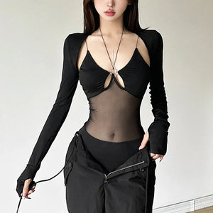 Y2K Baddie Sheer Shrug Top with sheer mesh, Y2K long sleeve top styled with low rise bottoms