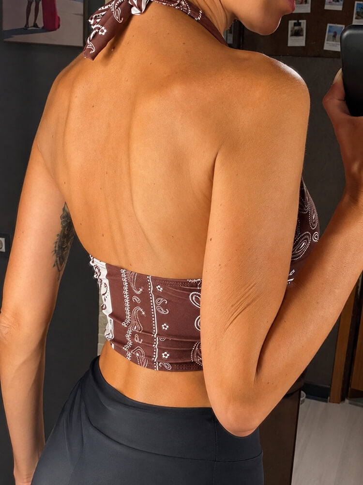 Y2K Bandana Top with tie detail, Y2K halter top styled with low rise bottoms