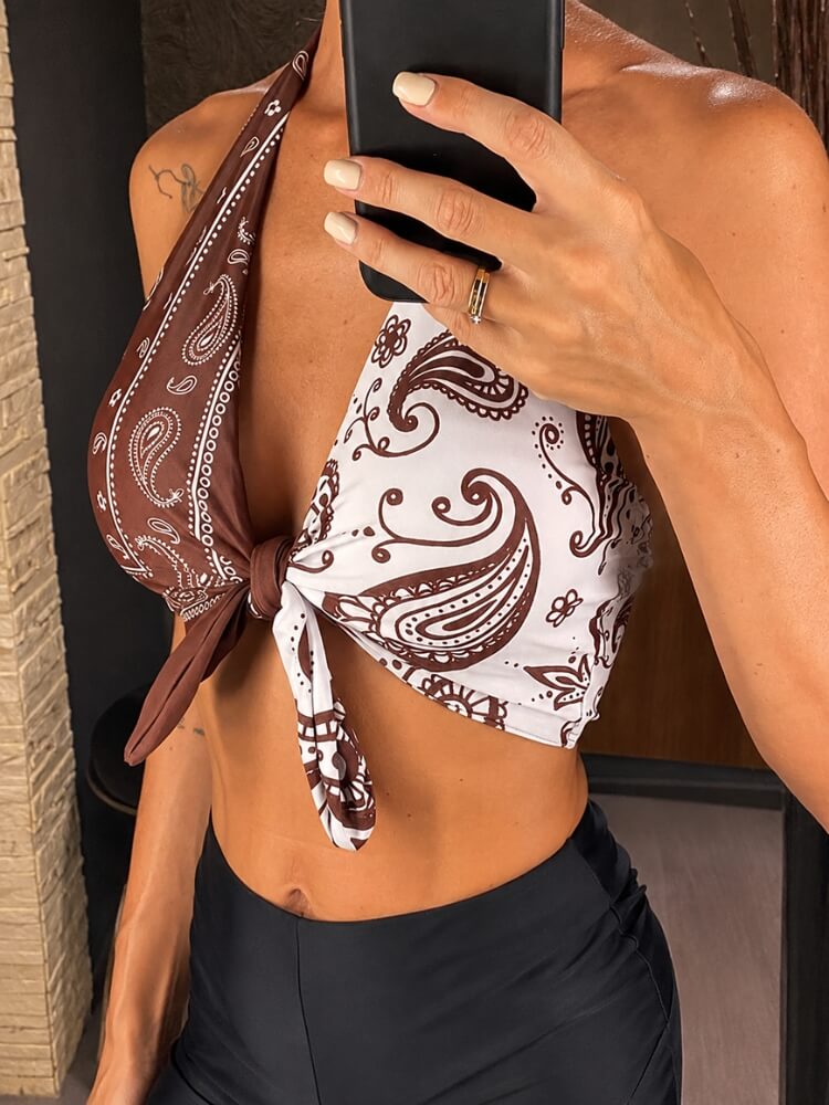 Y2K Bandana Top with tie detail, Y2K halter top styled with low rise bottoms